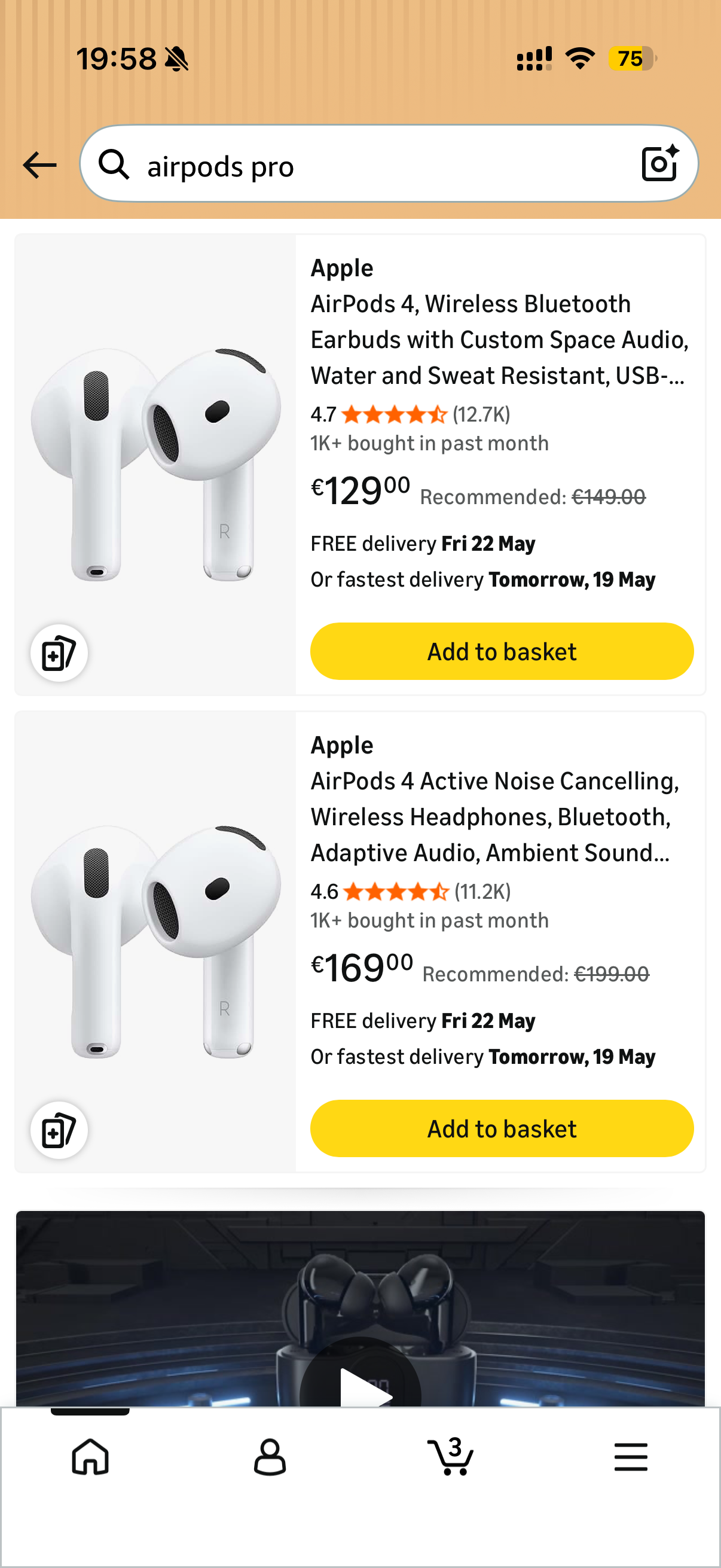 Resultados de búsqueda de AirPods Pro en la app de Amazon