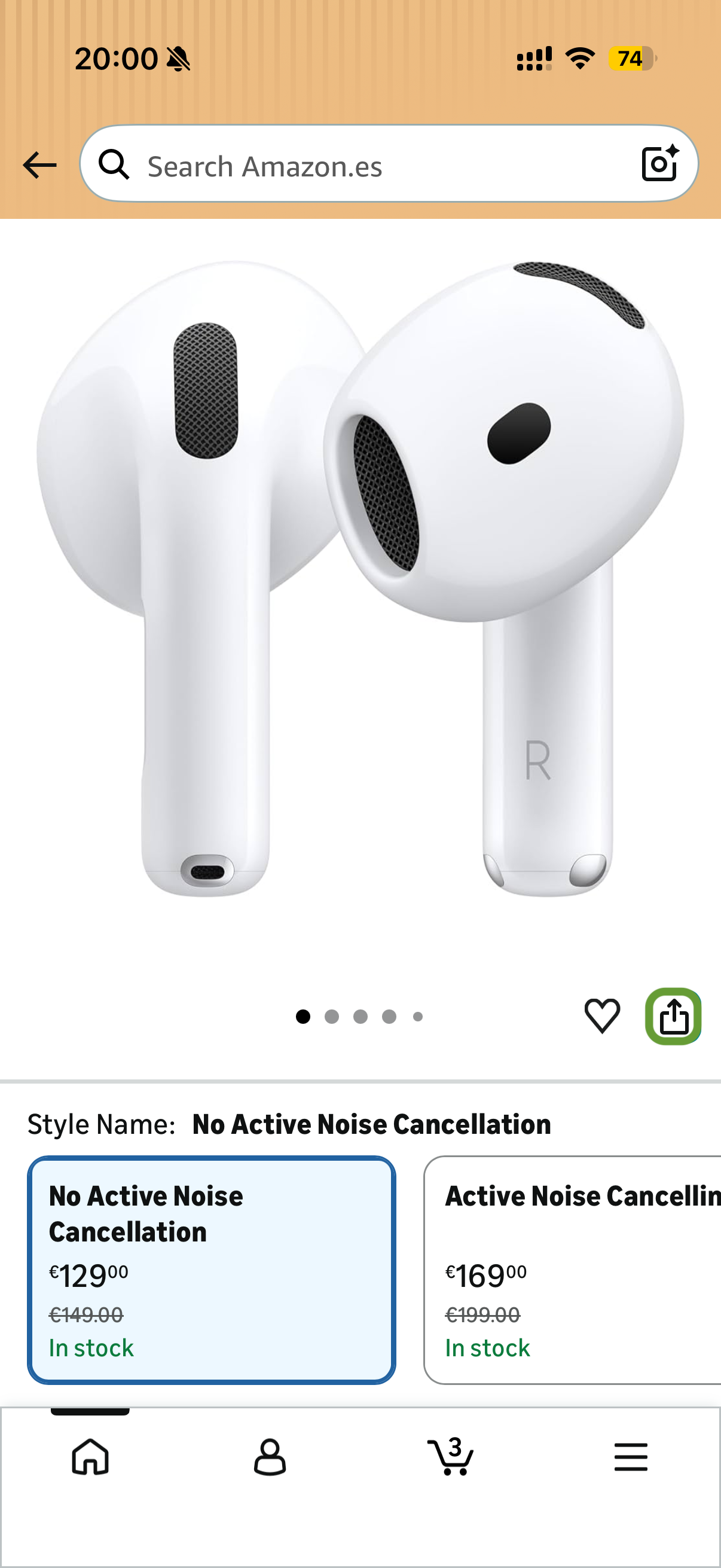 Página del producto AirPods 4 en Amazon con el botón compartir visible