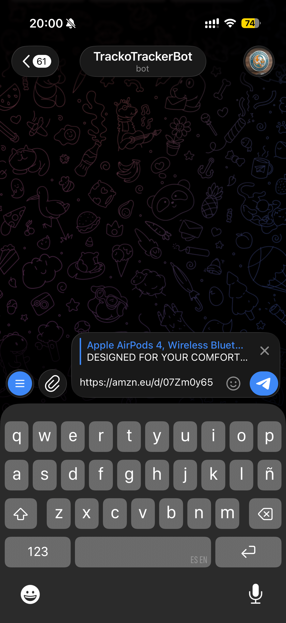 Enlace de Amazon pegado en el chat del bot TrackoTrackerBot en Telegram